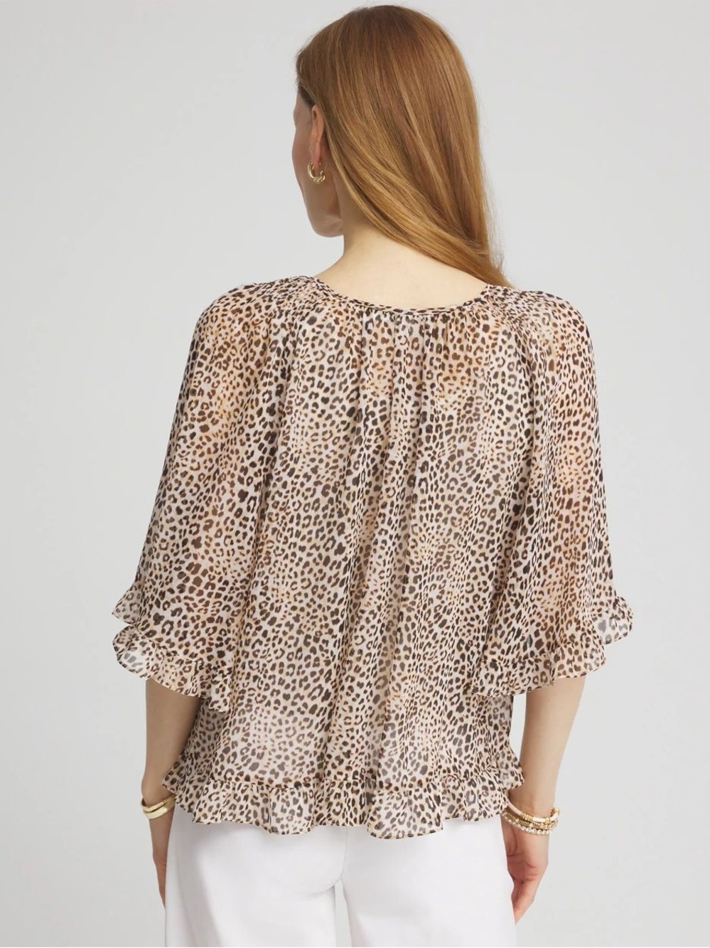 Chico's Leopard Print Ruffle Sleeve Blouse Size M Boho Chic Animal Print Top - Picture 5 of 10
